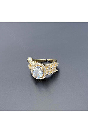 Zirkon Taşlı, Paslanmaz Çelik Yüzük 147, Kasa Altın Renk, Ayarlanabilir