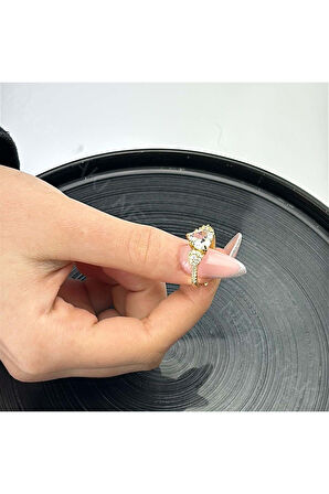 Zirkon Taşlı, Kalp, Paslanmaz Çelik Yüzük 148, Kasa Altın Renk, Ayarlanabilir