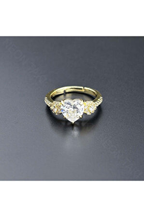Zirkon Taşlı, Kalp, Paslanmaz Çelik Yüzük 148, Kasa Altın Renk, Ayarlanabilir