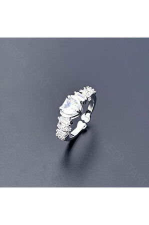 Zirkon Taşlı, Kalp, Paslanmaz Çelik Yüzük 151, Kasa Gümüş Renk, Ayarlanabilir