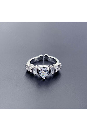 Zirkon Taşlı, Kalp, Paslanmaz Çelik Yüzük 151, Kasa Gümüş Renk, Ayarlanabilir