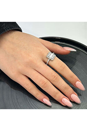 Zirkon Taşlı, Baget Model, Paslanmaz Çelik Yüzük 153, Gümüş Renk, Ayarlanabilir