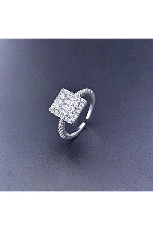 Zirkon Taşlı, Baget Model, Paslanmaz Çelik Yüzük 153, Gümüş Renk, Ayarlanabilir