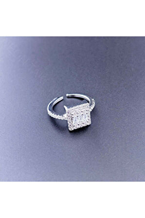 Zirkon Taşlı, Baget Model, Paslanmaz Çelik Yüzük 153, Gümüş Renk, Ayarlanabilir