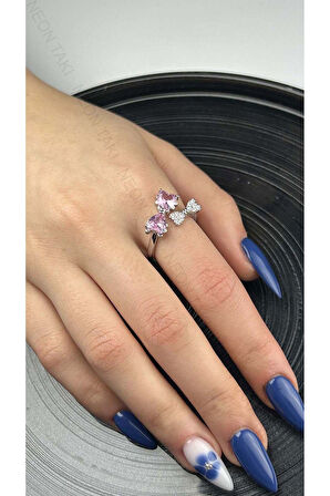 Pembe Taşlı, Kurdele Figürlü, Paslanmaz Çelik Yüzük 154, Gümüş Renk, Ayarlanabilir