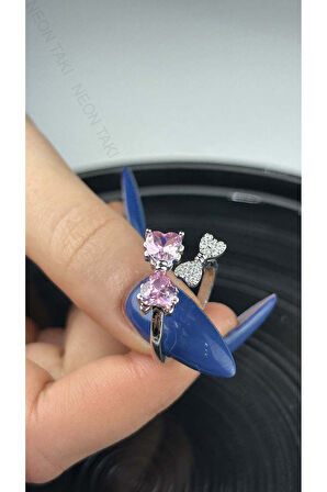 Pembe Taşlı, Kurdele Figürlü, Paslanmaz Çelik Yüzük 154, Gümüş Renk, Ayarlanabilir