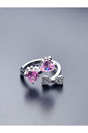 Pembe Taşlı, Kurdele Figürlü, Paslanmaz Çelik Yüzük 154, Gümüş Renk, Ayarlanabilir