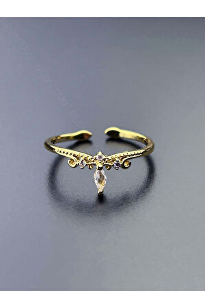 Zirkon Taşlı, Paslanmaz Çelik Yüzük 162, Altın Renk, Ayarlanabilir