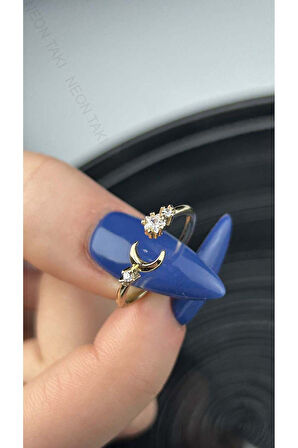Zirkon Taşlı, Ay ve Yıldız Figürlü, Paslanmaz Çelik Yüzük 163, Altın Renk, Ayarlanabilir