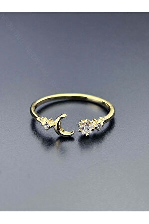 Zirkon Taşlı, Ay ve Yıldız Figürlü, Paslanmaz Çelik Yüzük 163, Altın Renk, Ayarlanabilir