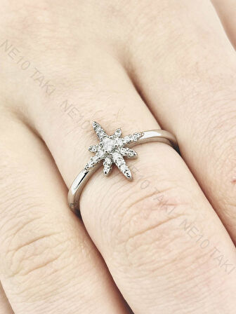 Zirkon Taşlı, Yıldız Figürlü Çelik Yüzük 170, Gümüş Renk, Ayarlanabilir