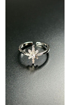 Zirkon Taşlı, Yıldız Figürlü Çelik Yüzük 170, Gümüş Renk, Ayarlanabilir