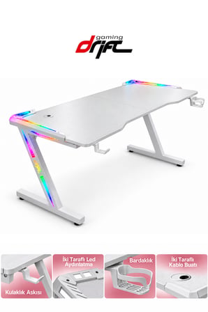 Aura White RGB LED’li Beyaz Oyuncu Masası | 120 × 60 cm