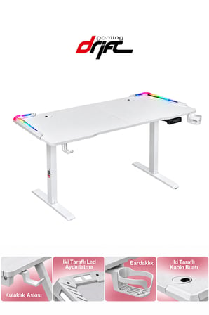 Flow Beyaz RGB LEDli Elektrikli Yükseklik Ayarlı Oyuncu ve Çalışma Masası