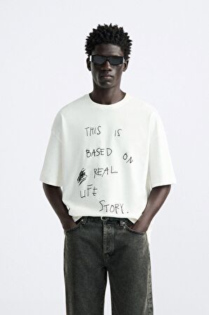 The Champ Bisiklet Yaka This İs Based On Real Life Story Baskılı Oversize Beyaz Erkek T-shirt