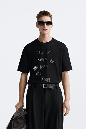 The Champ Bisiklet Yaka This İs Based On Real Life Story Baskılı Oversize Siyah Erkek T-shirt