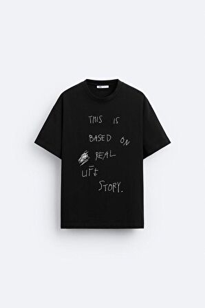 The Champ Bisiklet Yaka This İs Based On Real Life Story Baskılı Oversize Siyah Erkek T-shirt