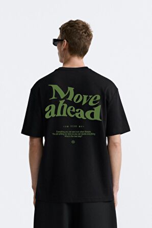 The Champ Bisiklet Yaka Move Ahead Yazılı Kordinat Baskılı Oversize Siyah Erkek T-shirt