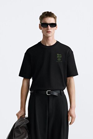 The Champ Bisiklet Yaka Move Ahead Yazılı Kordinat Baskılı Oversize Siyah Erkek T-shirt