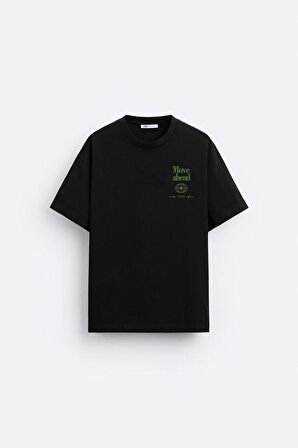 The Champ Bisiklet Yaka Move Ahead Yazılı Kordinat Baskılı Oversize Siyah Erkek T-shirt