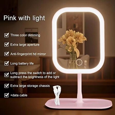 Dokunmatik LED Işıklı Makyaj Aynası - USB Şarjlı, Pembe, Ayaklı Organizer Tepsili