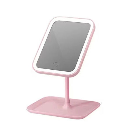Dokunmatik LED Işıklı Makyaj Aynası - USB Şarjlı, Pembe, Ayaklı Organizer Tepsili