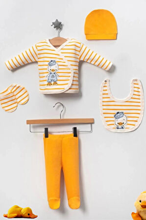 Ördek Süzene Nakışlı Hardal Sarısı Lüx Unisex Yeni Doğan Hastane Çıkış 5'li Zıbın Seti - Kutulu Hediyelik Set (Hediye Paketi Yapılır)