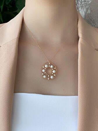 Birinci1926 14 Ayar Rose Altın Halka Tasarımlı İnci Kolye