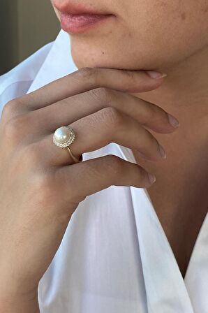 Birinci1926 14 Ayar Altın Taşlı Top İnci Kadın Yüzük