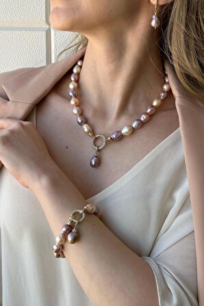 Birinci1926 14 Ayar Altın Halka Detaylı Pembe Barok İnci Üçlü Set Bileklik Kolye Küpe