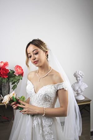 Birinci1926 14 Ayar Altın Kadın Yaprak Detay Taşlı İnci Set