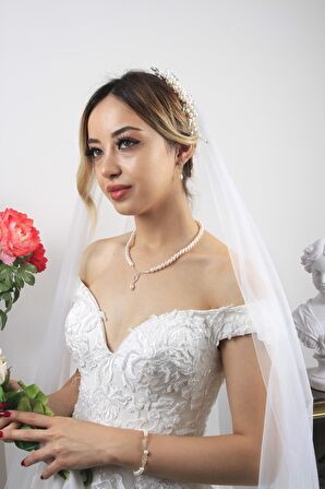 Birinci1926 14 Ayar Altın Kadın Yaprak Detay Taşlı İnci Set