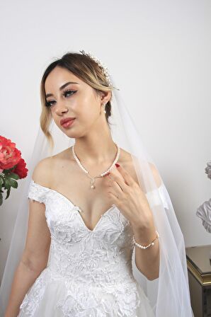 Birinci1926 14 Ayar Altın Kadın Yaprak Detay Taşlı İnci Set