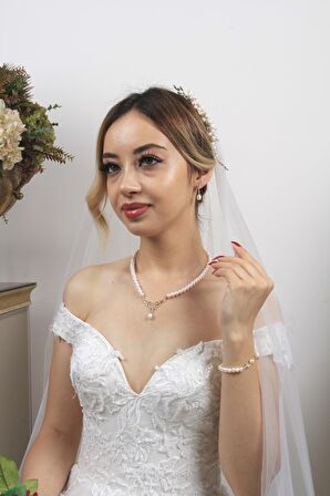 Birinci1926 14 Ayar Yeşil Altın Kadın Yaprak Taşlı İnci Üçlü İnci Set