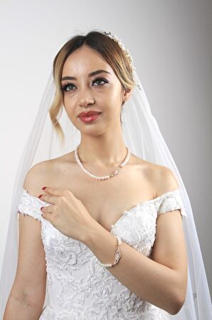 Birinci1926 14 Ayar Rose Altın Kadın Yaprak Taşlı İnciKolye Bileklik İkili Set