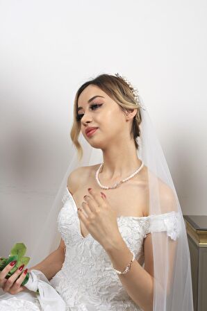 Birinci1926 14 Ayar Rose Altın Kadın Yaprak Taşlı İnciKolye Bileklik İkili Set