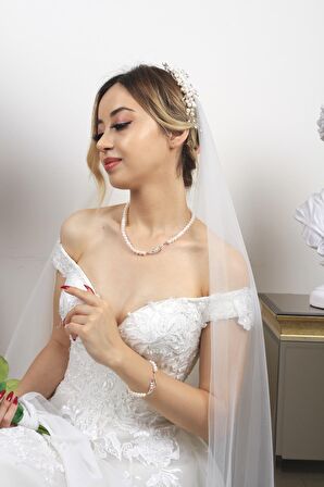 Birinci1926 14 Ayar Rose Altın Kadın Yaprak Taşlı İnciKolye Bileklik İkili Set