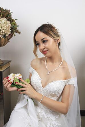 Birinci1926 14 Ayar Beyaz Altın Kadın Baget İnci Kolye Bileklik Küpe Üçlü Set