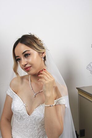 Birinci1926 14 Ayar Beyaz Altın Kadın Baget İnci Kolye Bileklik Küpe Üçlü Set