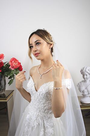 Birinci1926 14 Ayar Beyaz Altın Kadın BagetTaşlı İnci Set