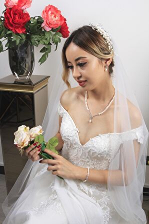 Birinci1926 14 Ayar Beyaz Altın Kadın BagetTaşlı İnci Set
