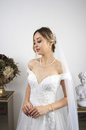 Birinci1926 14 Ayar Altın Kadın Yaprak Taşlı İnci Set