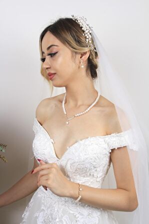 Birinci1926 14 Ayar Altın Kadın Yaprak Taşlı İnci Set