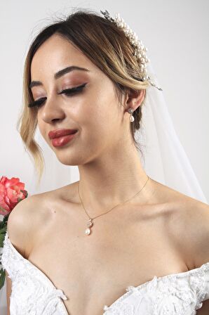 Birinci1926 14 Ayar Altın Kadın Baget Sekizgen İnci Sallantı Set