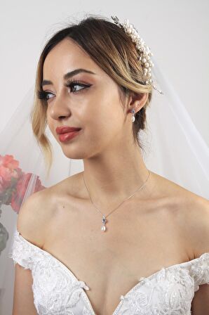 Birinci1926 14 Ayar Beyaz Altın Kadın Mavi Renk Taş İnci Sallantı Set