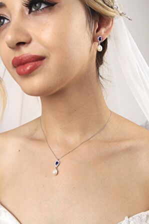 Birinci1926 14 Ayar Beyaz Altın Kadın Damla Safir İnci Sallantı Set