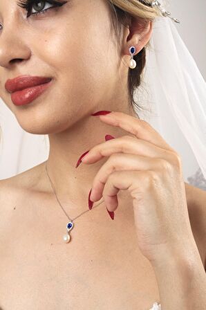 Birinci1926 14 Ayar Beyaz Altın Kadın Damla Safir İnci Sallantı Set