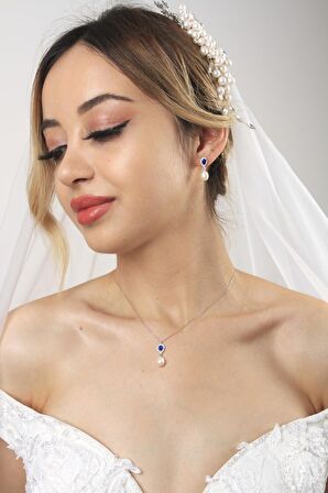 Birinci1926 14 Ayar Beyaz Altın Kadın Damla Safir İnci Sallantı Set