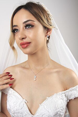 Birinci1926 14 Ayar Beyaz Altın Kadın Baget Sekizgen İnci Sallantı Set