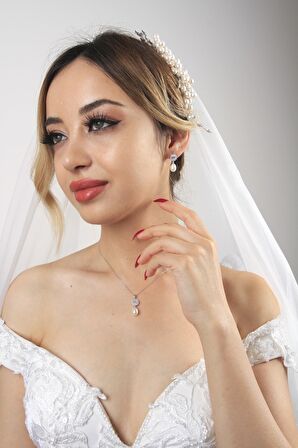 Birinci1926 14 Ayar Beyaz Altın Kadın Baget Sekizgen İnci Sallantı Set